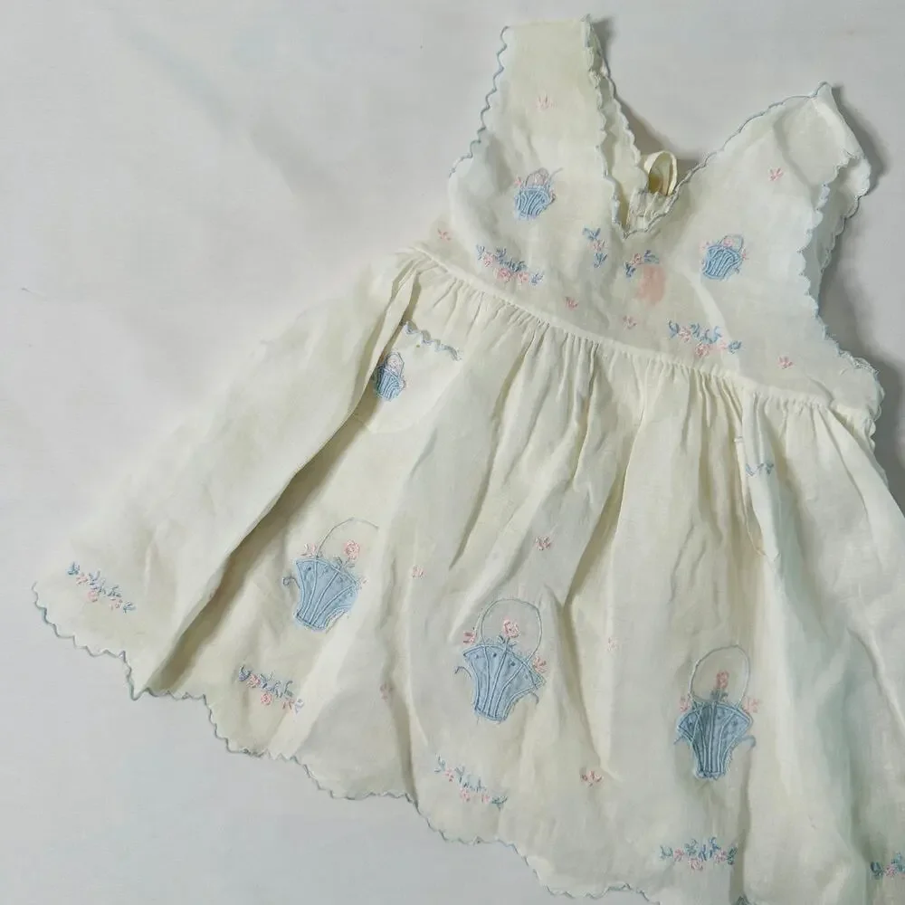 Vintage Spring Easter Flower Basket Pinafore Tie Back Apron Dress Sz 0-3 mo